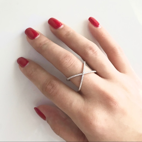 Silver Criss Cross Diamond CZ Fashion Ring - Picture 3 of 6